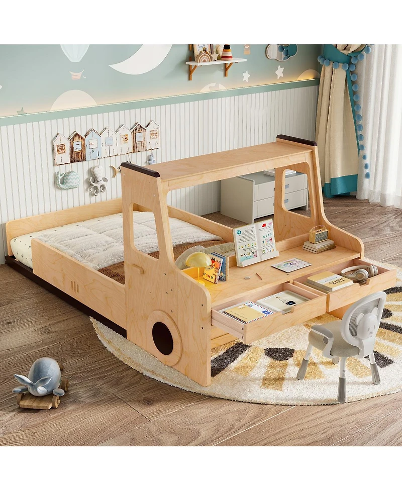Streamdale Furniture Twin Size Car-Shape Floor Bed with Storage Drawers and Desk