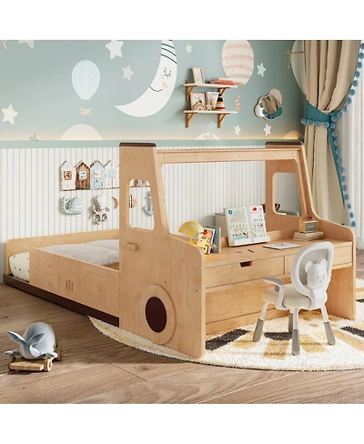 Streamdale Furniture Twin Size Car-Shape Floor Bed with Storage Drawers and Desk