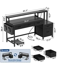 Homlux 61" Modern Computer Lap Desk Table w/Storage Drawer, Monitor Stand, Charging Station, Side Pocket
