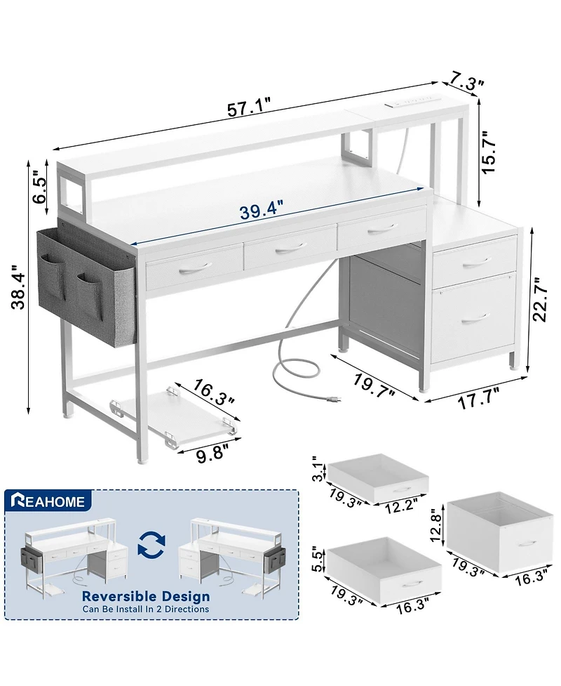 Homlux 61" Modern Computer Lap Desk Table w/Storage Drawer, Monitor Stand, Charging Station, Side Pocket