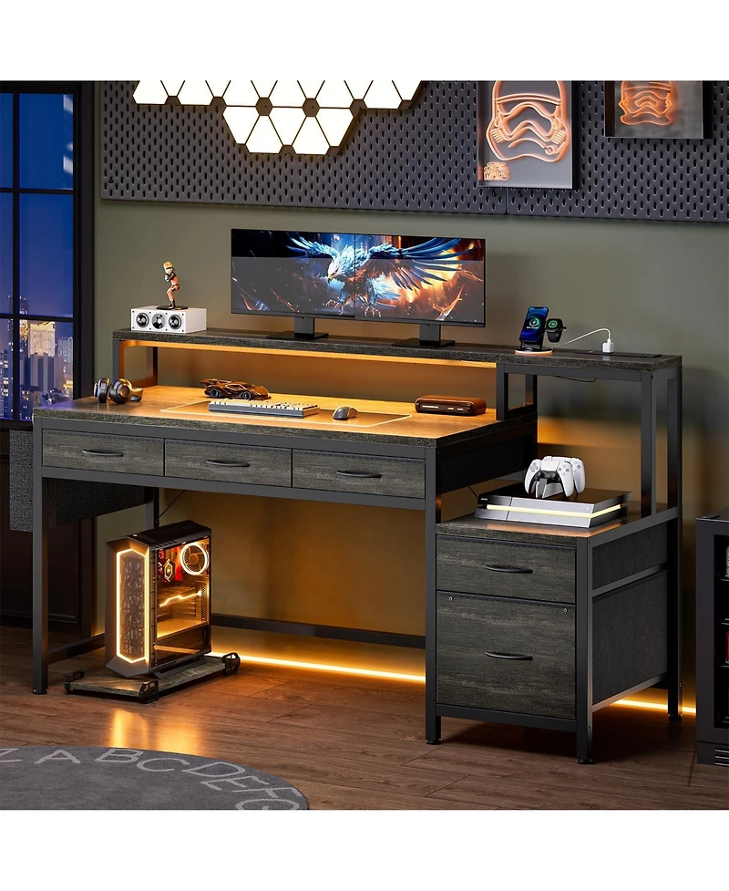 Homlux 61" Modern Computer Lap Desk Table w/Storage Drawer, Monitor Stand, Charging Station, Side Pocket
