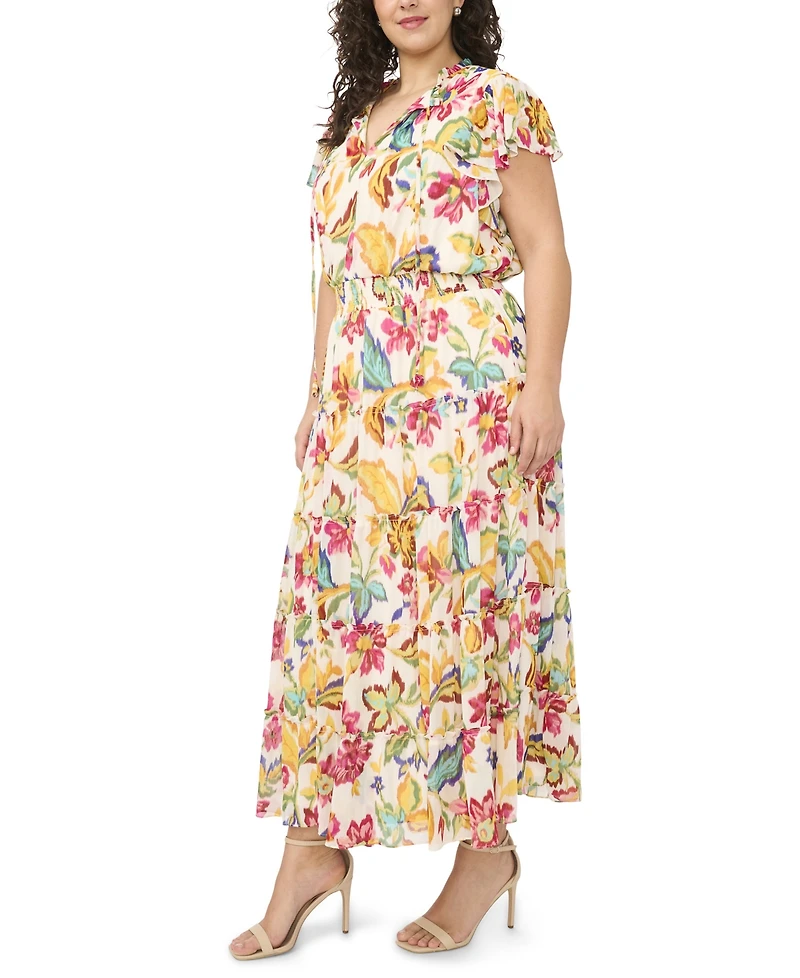 Msk Plus Size Flutter-Sleeve Tiered Split-Tie Neck Maxi Dress