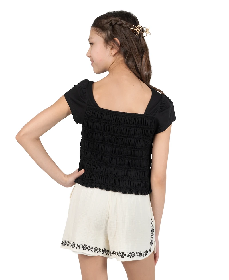 Tween Diva Girls' 7-16 Smocked Top and Embroidered Gauze Shorts, 2-Piece Set