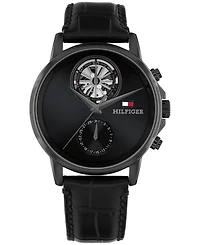 Tommy Hilfiger Men's Multifunction Black Leather Strap Watch, 40mm