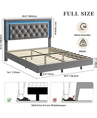 gaomon Floating Bed Frame with Smart Led Lights, Upholstered Platform Diamond Headboard, Solid Wood Slats Support