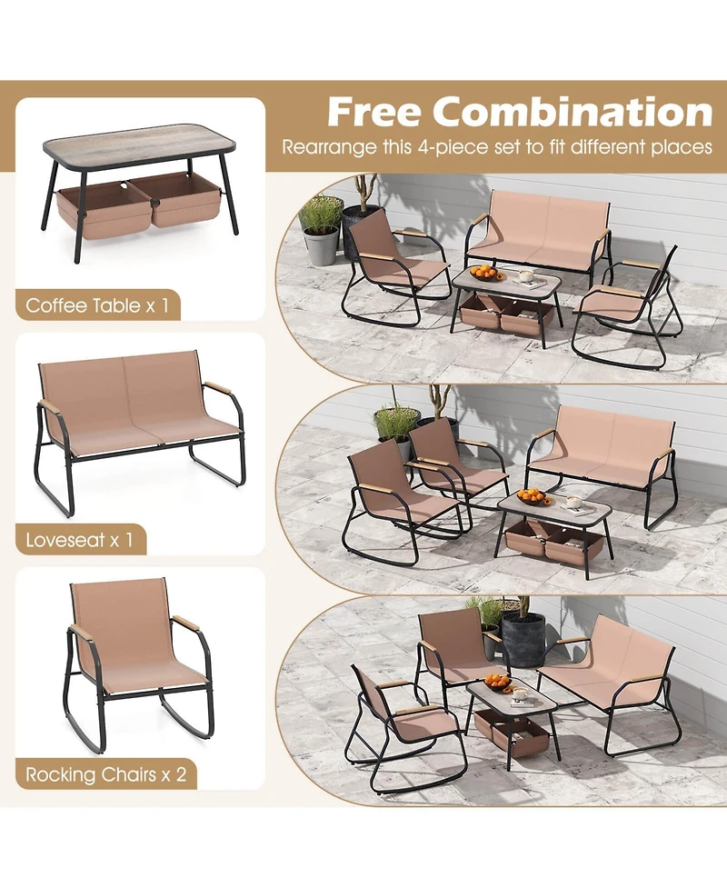 Costway 8 Pieces Patio Furniture Set with 4 Rocking Bistro Chairs 2-Tier Coffee Table