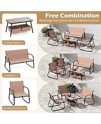 Costway 8 Pieces Patio Furniture Set with 4 Rocking Bistro Chairs 2-Tier Coffee Table