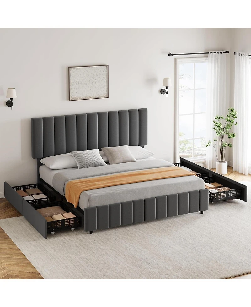 gaomon Linen Upholstered Platform Bed Frame with 4 Storage Drawers, Adjustable Headboard, Wooden Slats Support, No Box Spring Needed.