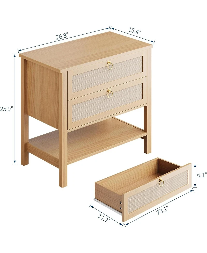Gaomon Rattan Nightstand Set of 2, Boho Nightstand with 2 Drawers and Storage Shelf
