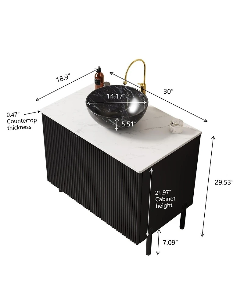 Sillysis 30" Bathroom Vanity with Ceramic Bowl Sink, Carrara Sintered Stone Countertop, 2 Soft-Close Doors, Modern Freestanding Storage