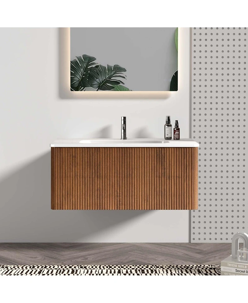 Sillysis 36" Walnut Floating Bathroom Vanity with Integrated Ceramic Sink & Push Open Drawer, Wall Mounted for Modern Bathroom