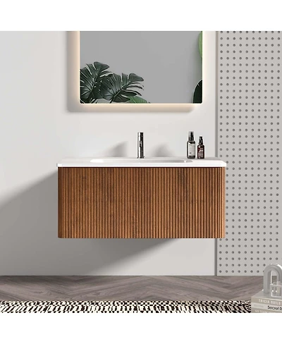 Sillysis 36" Walnut Floating Bathroom Vanity with Integrated Ceramic Sink & Push Open Drawer, Wall Mounted for Modern Bathroom