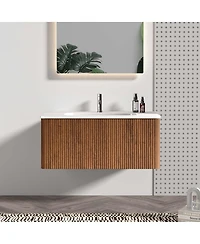 Sillysis 36" Walnut Floating Bathroom Vanity with Integrated Ceramic Sink & Push Open Drawer, Wall Mounted for Modern Bathroom
