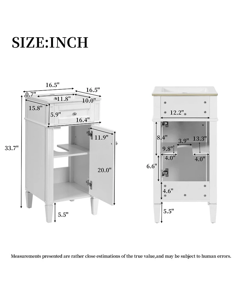 Sillysis 16 Inch French Modern Freestanding Bathroom Vanity with Ceramic Sink and Soft Close Door for Small Bathroom Spaces