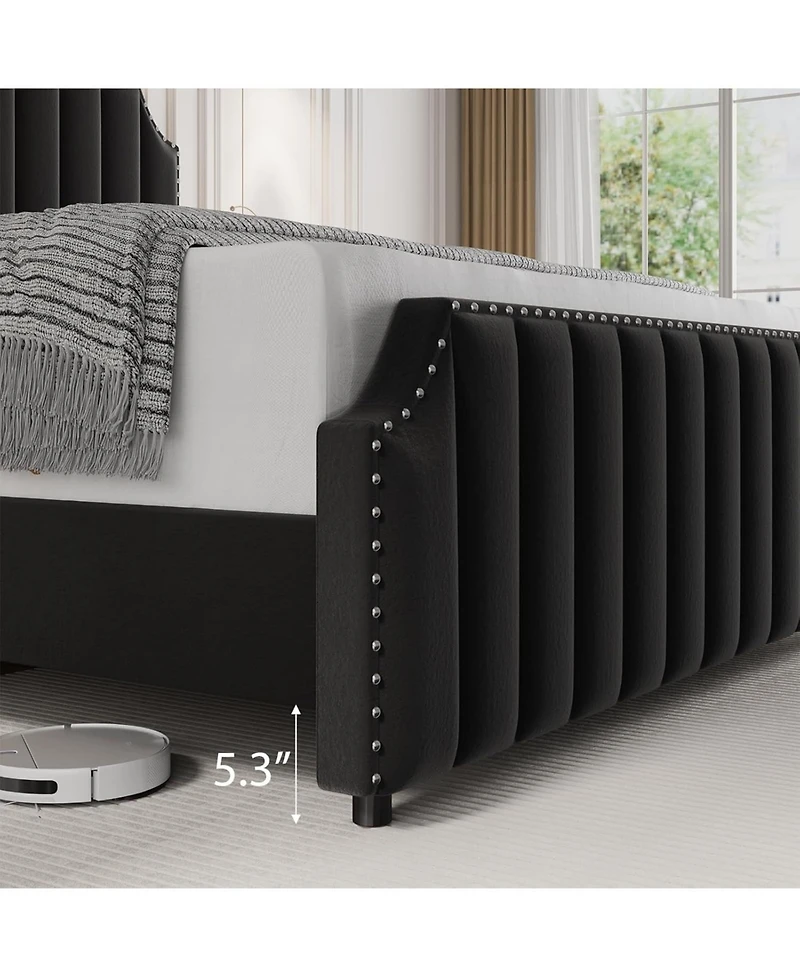 gaomon Queen Metal Platform Bed Frame Velvet Upholstery Nailhead Trim Tall Headboard Wooden Slats Noise-Free