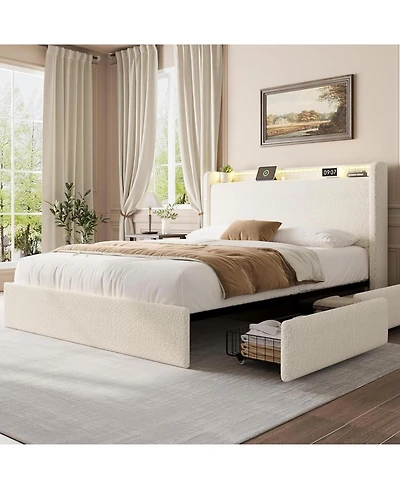 gaomon Boucle Bed Frame with Storage Headboard, Upholstered Full Charging Station, Led Lights, 4 Drawers