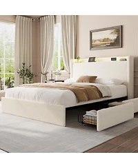 gaomon Boucle Bed Frame with Storage Headboard, Upholstered Full Charging Station, Led Lights, 4 Drawers