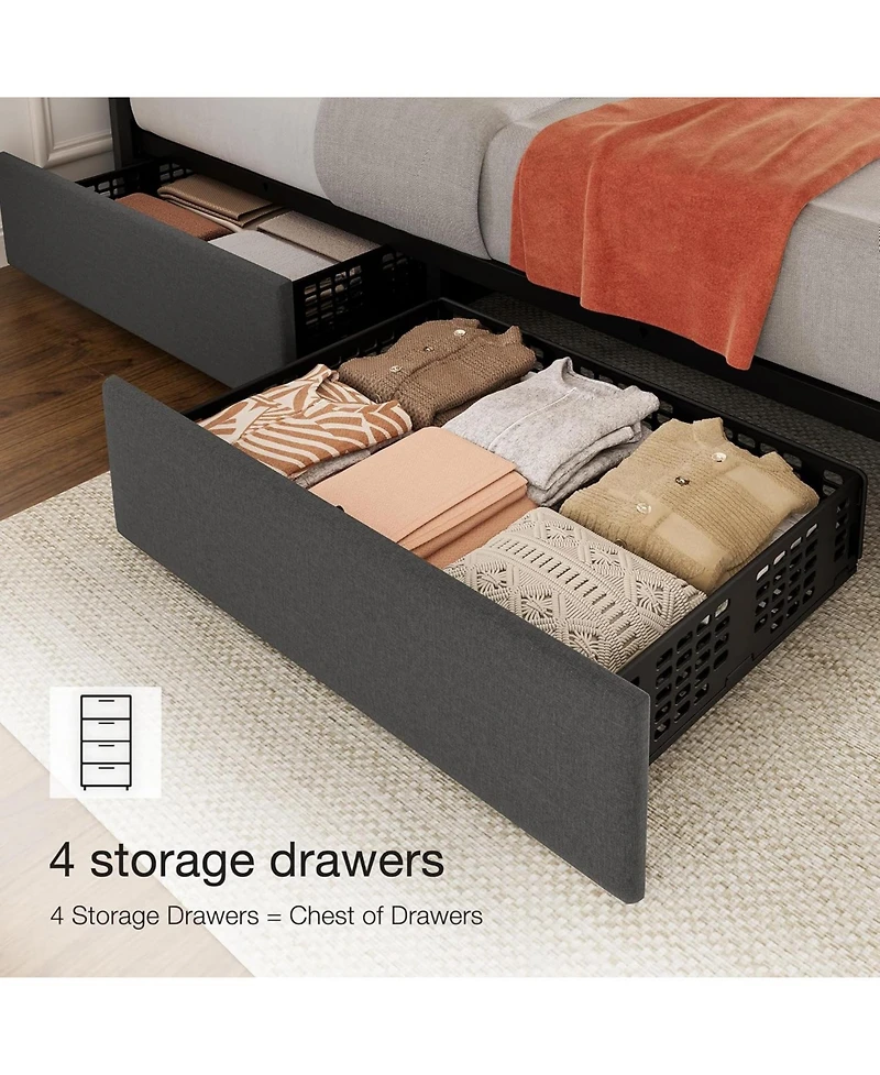 gaomon Linen Upholstered Bed Frame with 4 Storage Drawers, Adjustable Headboard, Sturdy Wooden Slats, No Box Spring Required