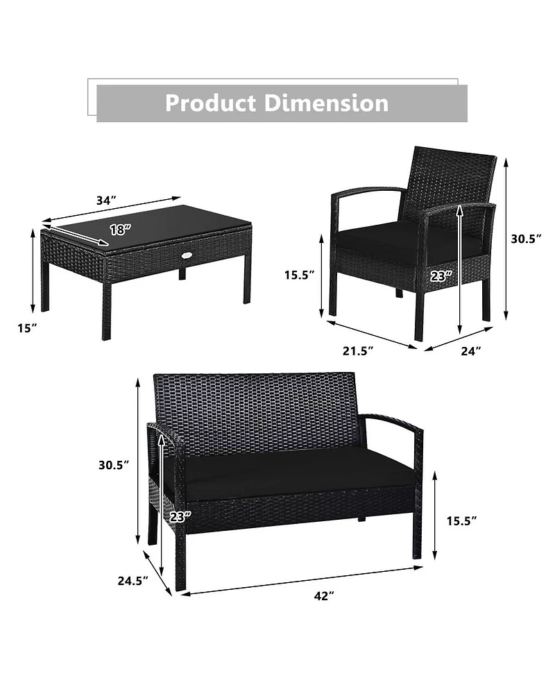 Costway 4 Pieces Outdoor Patio Rattan Furniture Set Cushioned Sofa Coffee Table Garden Deck