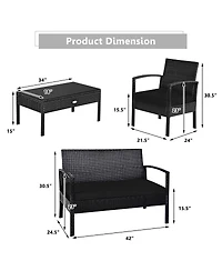 Costway 4 Pieces Outdoor Patio Rattan Furniture Set Cushioned Sofa Coffee Table Garden Deck