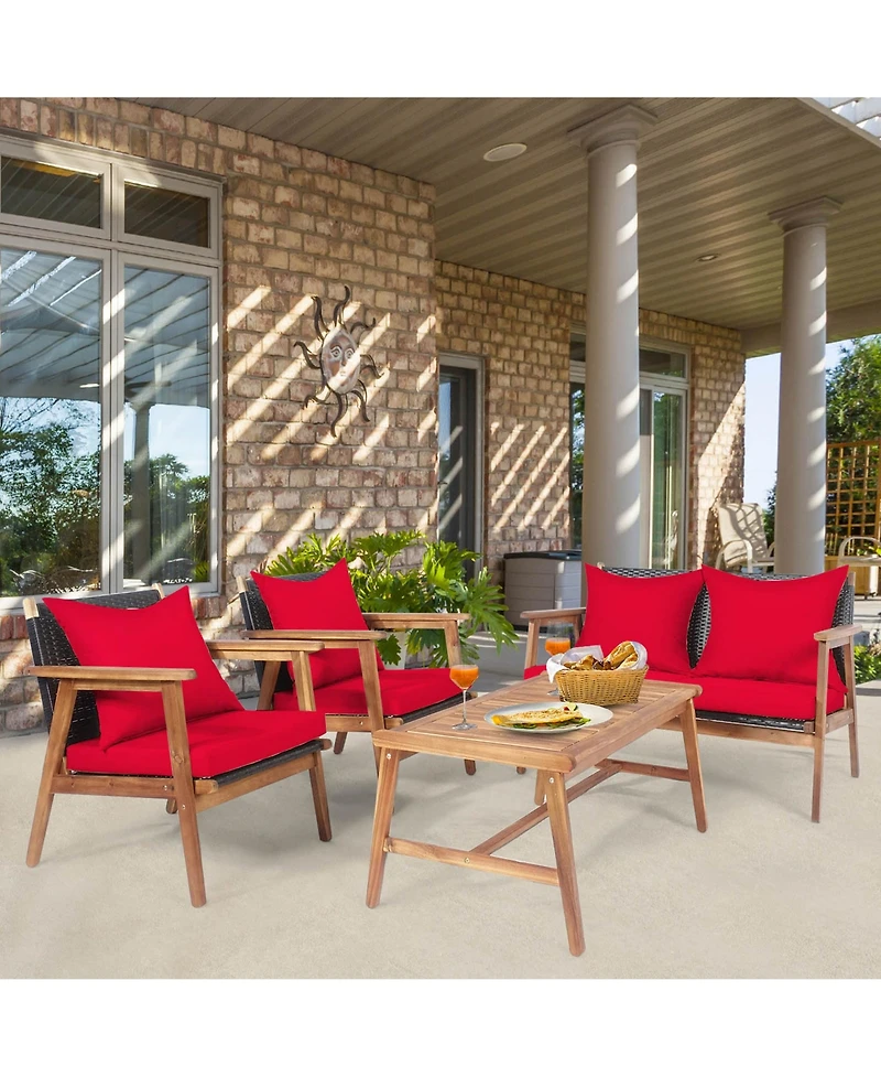 Gymax 8PCS Patio Conversation Set Wood Frame Furniture Set w/ Red Cushions