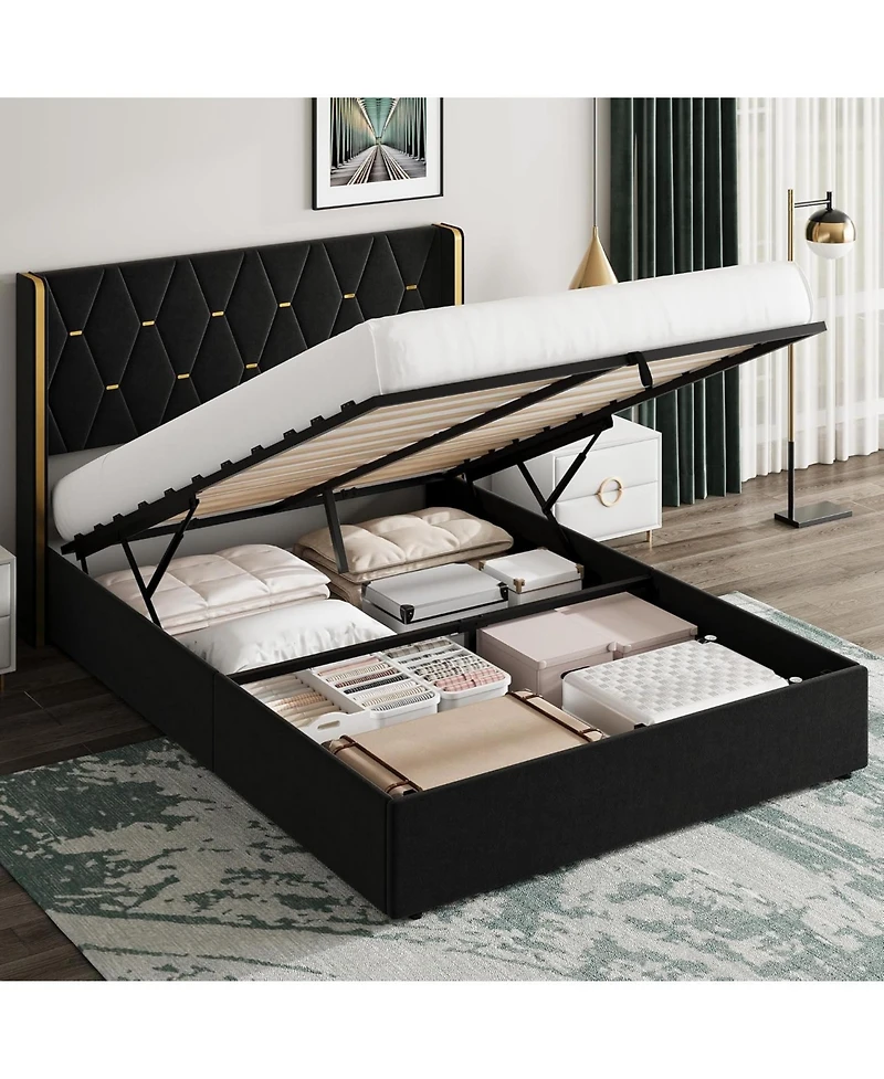 gaomon Full Size Lift Up Storage Bed Frame with Gold Wingback Headboard, Velvet Upholstered Bed Frame with Diamond Tufted Design