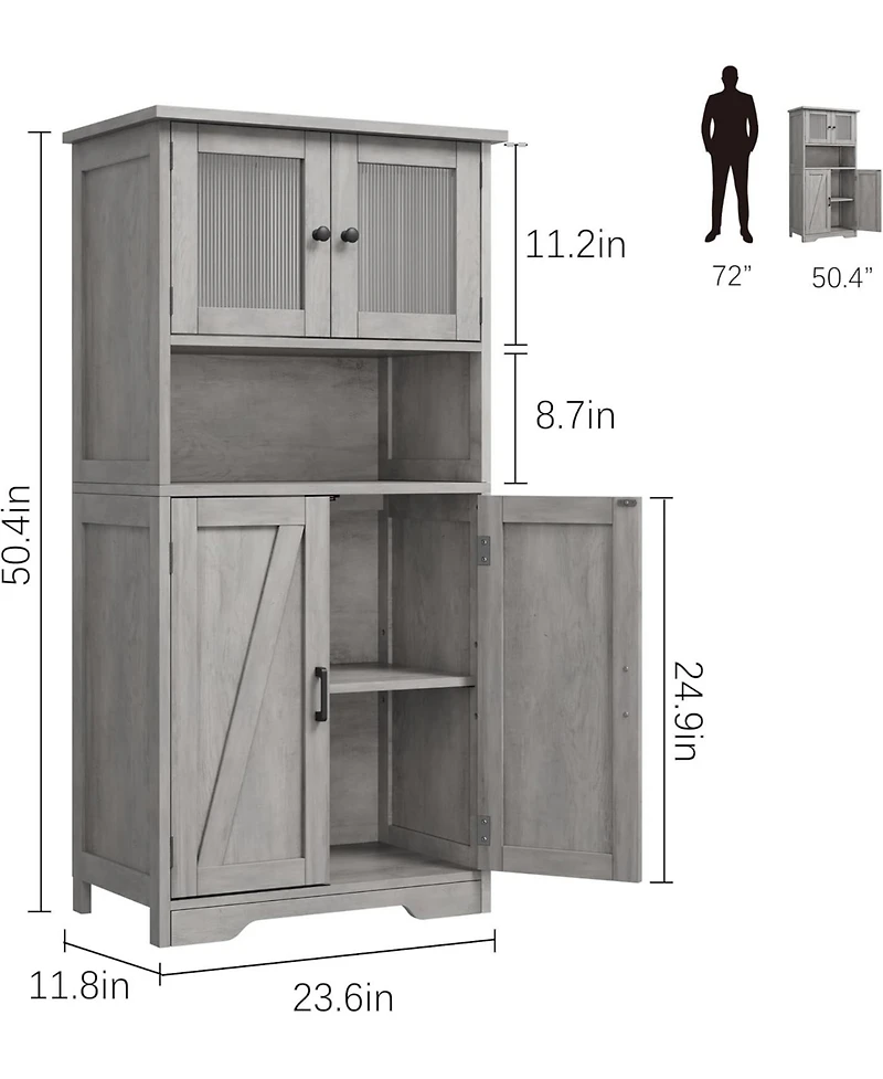 gaomon Tall Bathroom Cabinet, 50" Storage Cabinet with 4 Doors and Adjustable Shelves, Freestanding Modern Cupboard for Kitchen, Pantry, Living R