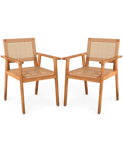 Slickblue 2-Piece Acacia Wood Patio Chairs with Rattan Backrests and Arms