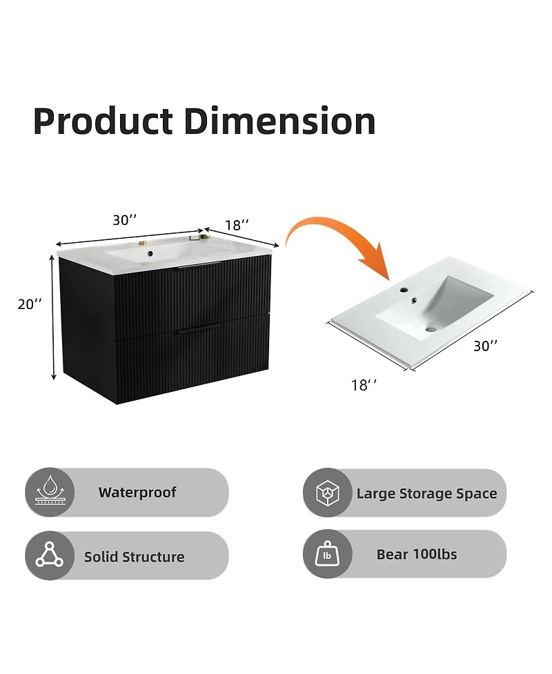 Sillysis 30" Wall Mounted Bathroom Vanity with Ceramic Sink, Fluted Mdf Cabinet & Drawers for Modern Small Bathrooms-Sillysis
