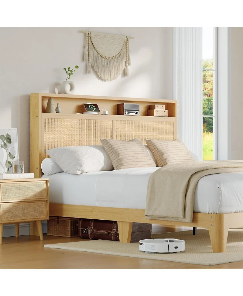 gaomon Rattan Bed Frame Led Lights Boho Wood Platform Storage Headboard Charging Station Silent Slats No Box Spring