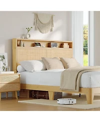gaomon Rattan Bed Frame Led Lights Boho Wood Platform Storage Headboard Charging Station Silent Slats No Box Spring