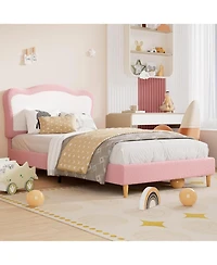Gaomon Twin Upholstered Bed Frame Two-Tone Scalloped Headboard Velvet Princess Platform Solid Wood Slats No Box Spring Noise-Free