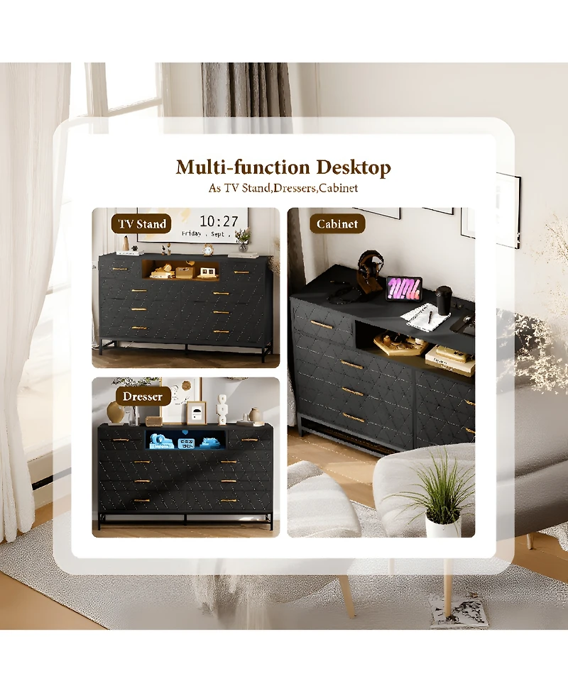 gaomon 8-Drawer Dresser with Led Lights & Charging Station, Modern Accent Chest for Bedroom Living Room Apartment Storage