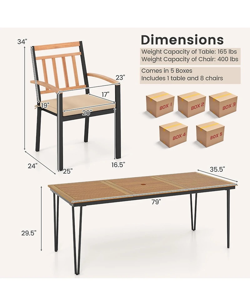 Gymax 9 Pcs Patio Dining Set w/ Rectangular Acacia Wood Dining Table 8 Cushioned Chairs