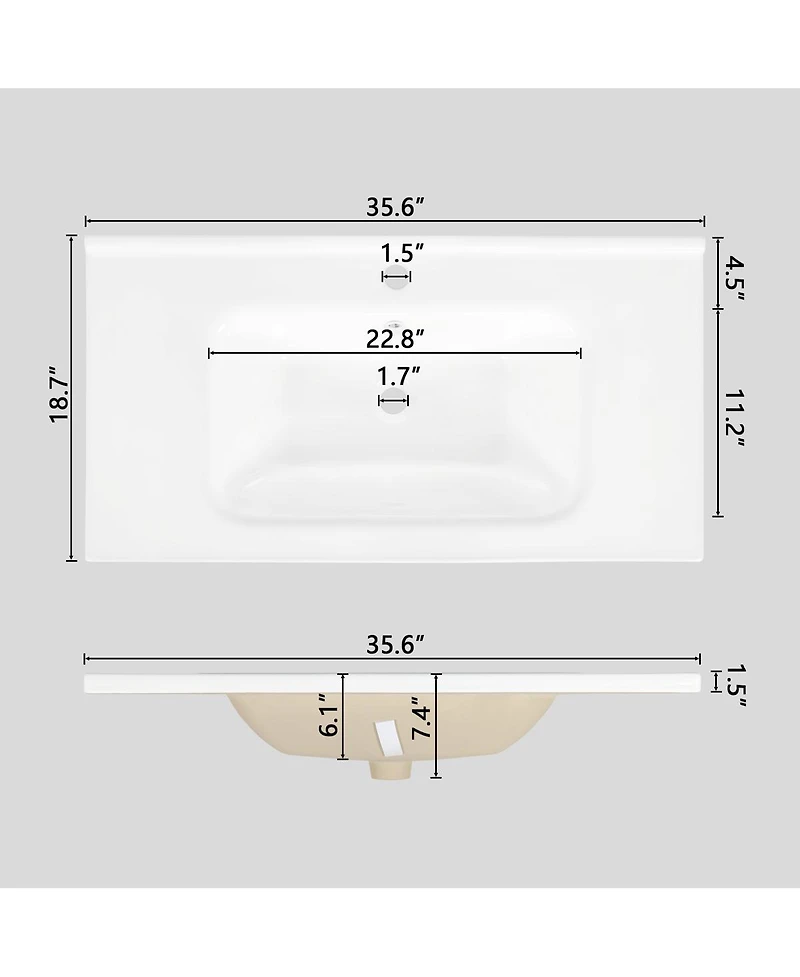 Sillysis 35.6" Rectangular Ceramic Bathroom Sink, Modern Vessel Basin with Overflow for Vanity Countertop