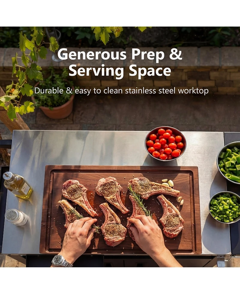 Rainsken Outdoor Grill Cart with Drop Leaf, Metal Bar Cart with Wheels, Stainless Steel Top, Storage Cabinet, Spice and Paper Rack for Bbq