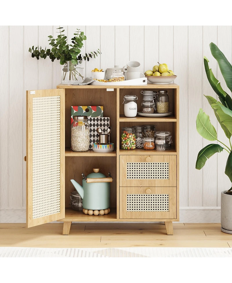 Rainsken Rattan Buffet Cabinet, Kitchen Sideboard with 2 Drawers for Living Room, Dining Room
