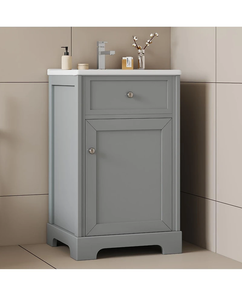 Sillysis 20" Bathroom Vanity with Ceramic Sink, Soft Closing Door & Storage Rack, Freestanding Cabinet for Small Bathrooms