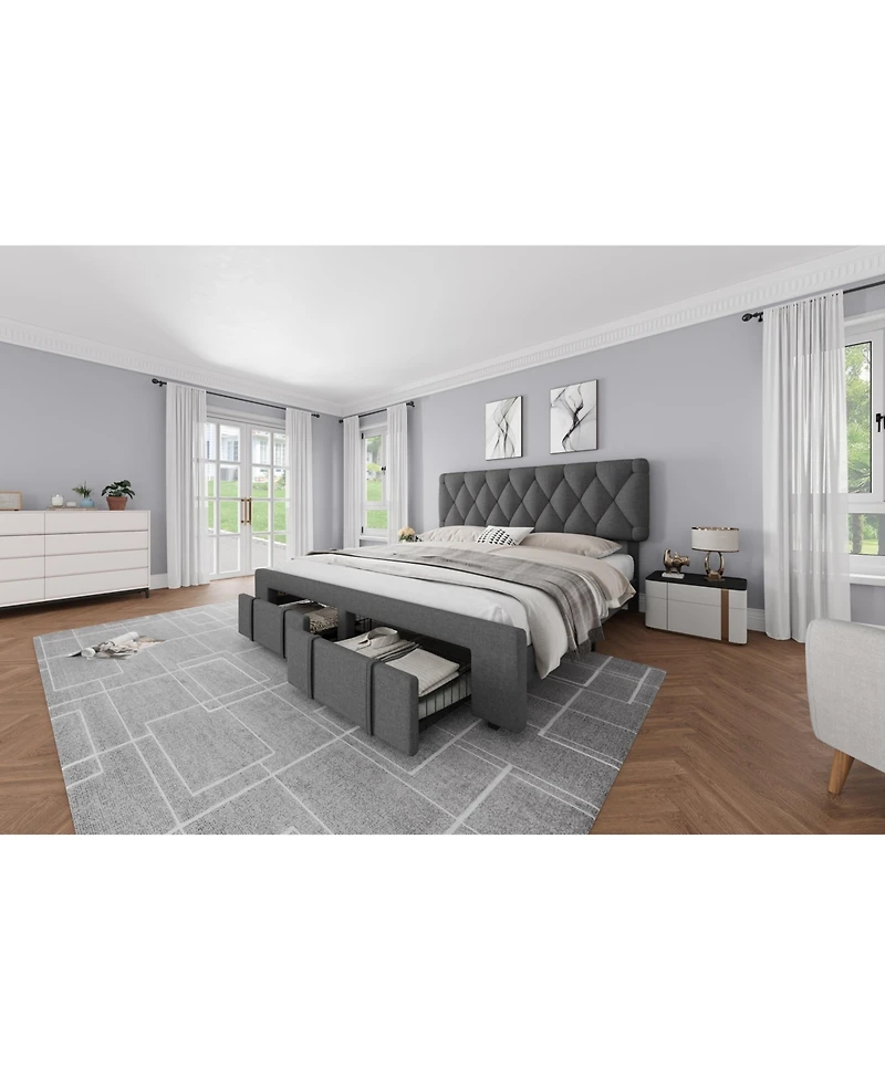 gaomon Full Bed Frame Diamond Tufted Headboard Upholstered Platform Storage Drawer Wooden Slats No Box Spring Noise-Free