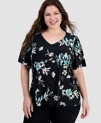 Jm Collection Plus Tossed Floral V-Neck Flutter-Sleeve Top, Macy's Exclusive
