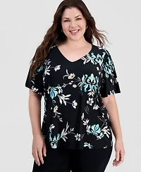 Jm Collection Plus Tossed Floral V-Neck Flutter-Sleeve Top, Macy's Exclusive