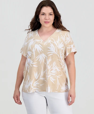 Jm Collection Plus Printed Short Sleeve V-Neck Jacquard Top