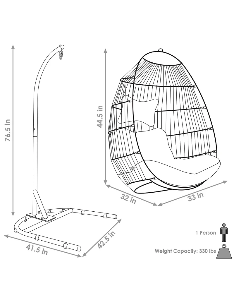 Outdoor Resin Wicker Patio Julia Hanging Basket Egg Chair Swing with Cushions, Headrest, and Steel Stand Set - 3pc