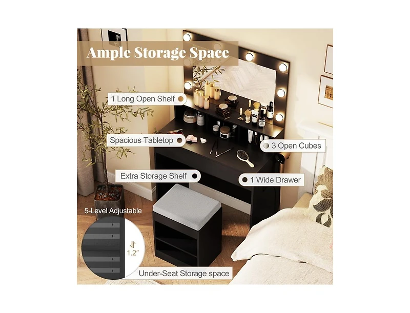 Slickblue Vanity Table Set with Lighted Mirror and Cushion Stool-Black