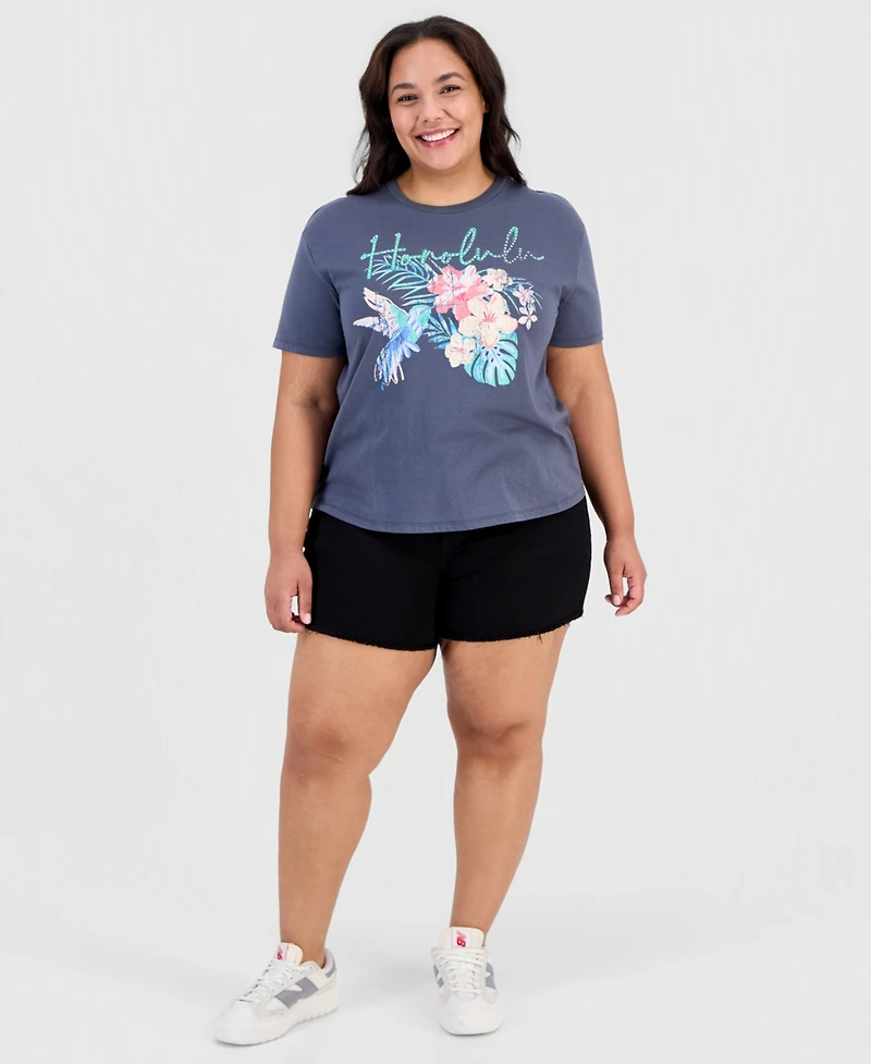 Rebellious One Trendy Plus Honolulu Rhinestone Printed-Graphic Tee