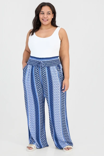 Kingston Grey Trendy Plus Printed Smocked-Waist Wide-Leg Pants