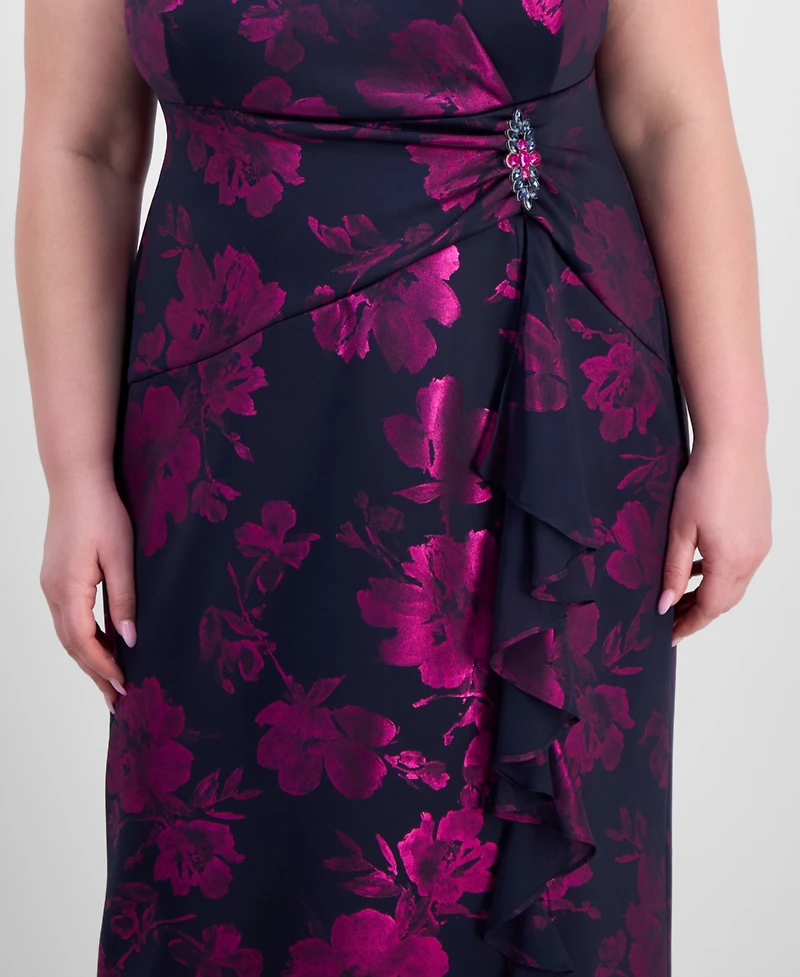 Connected Plus Ruffled Brooch-Embellished Dress