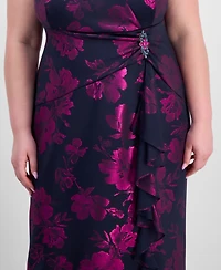 Connected Plus Ruffled Brooch-Embellished Dress