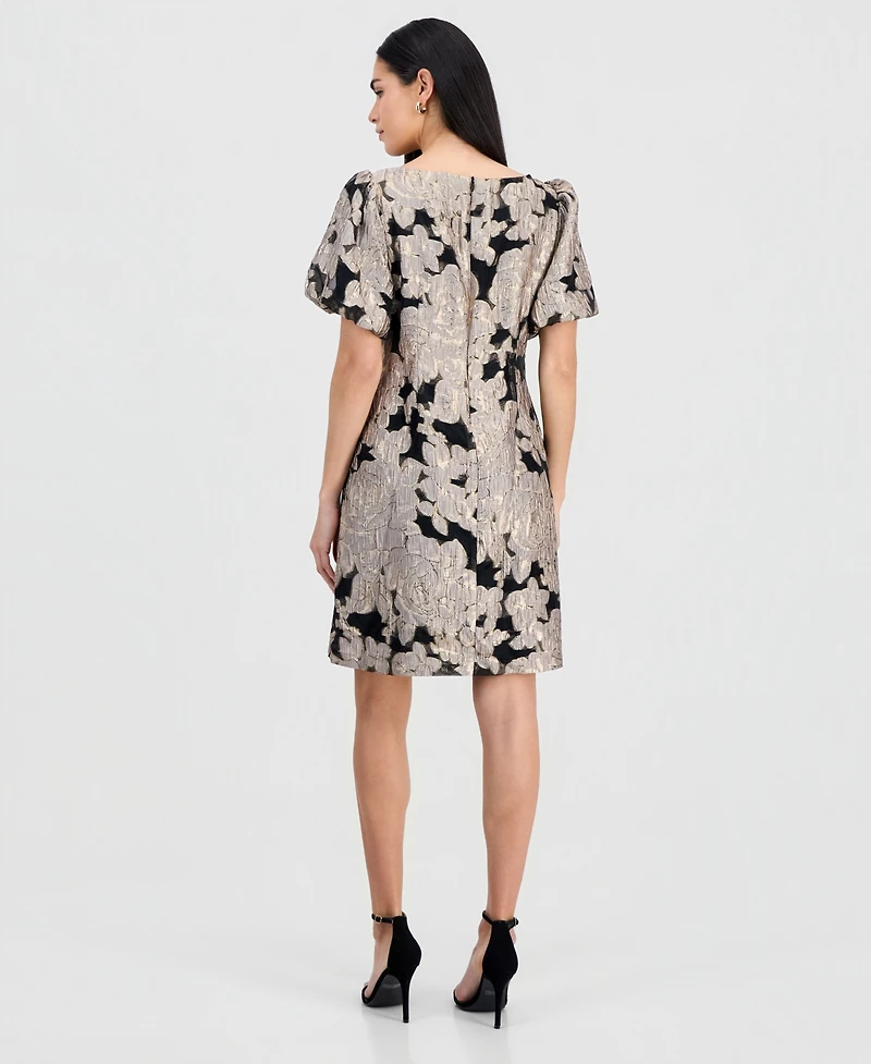 Connected Petite Jacquard Bubble-Sleeve Boat-Neck Dress