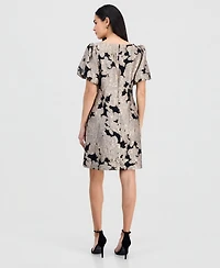 Connected Petite Jacquard Bubble-Sleeve Boat-Neck Dress